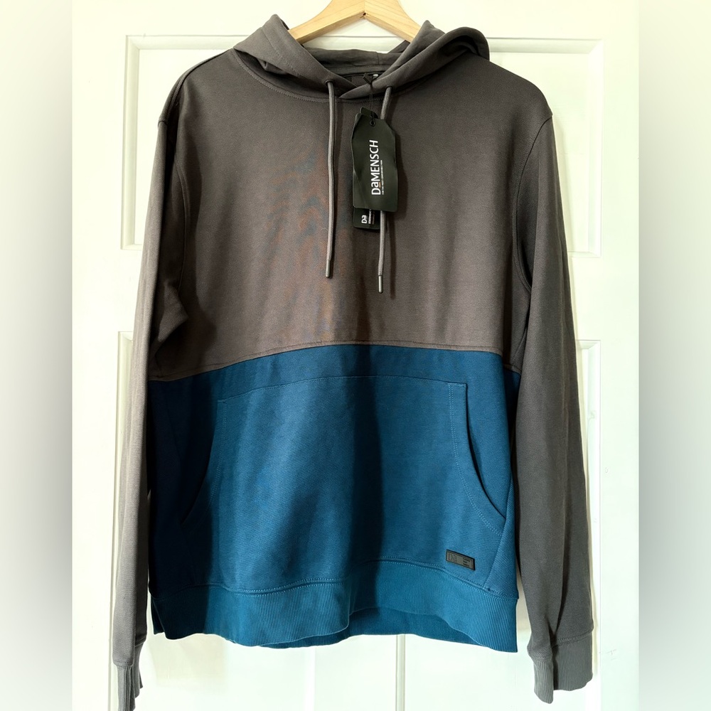 NWT Mens Dark Grey/Blue Colorblock Hoodie XL DaMensch Pullover Read Measurements
